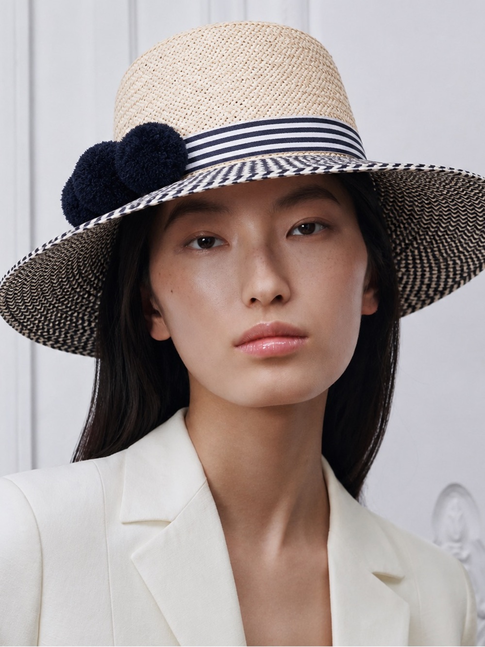 J.Crew Boater Hat with Pom Poms - S/M - Navy & Raffia
